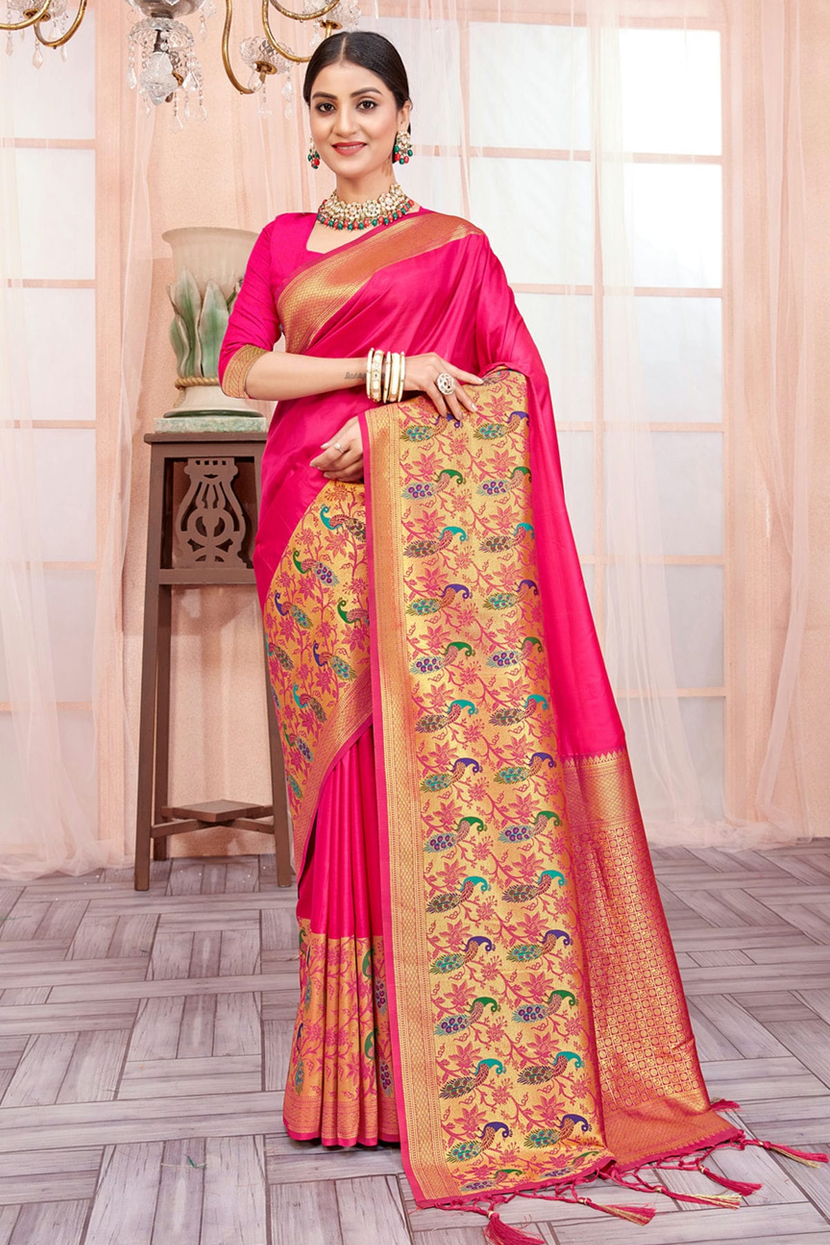 Pink Colour Woven Work Paithani Silk Saree