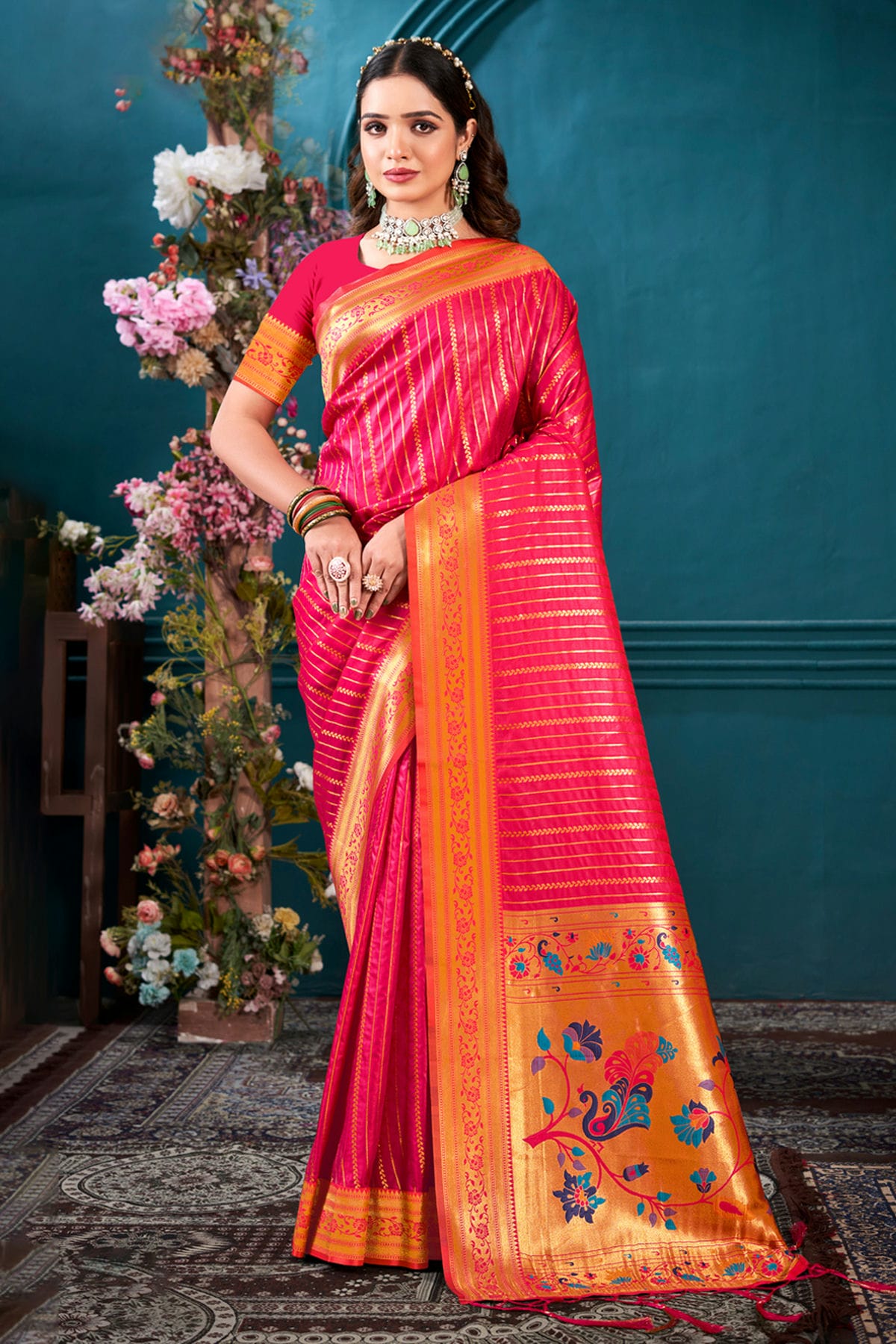 Pink Colour Woven Work Paithani Silk Saree