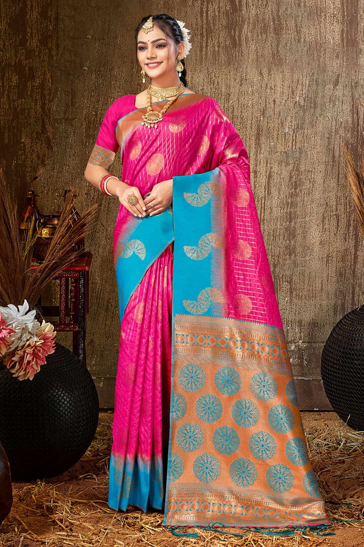 Pink Colour Woven Work Silk Saree