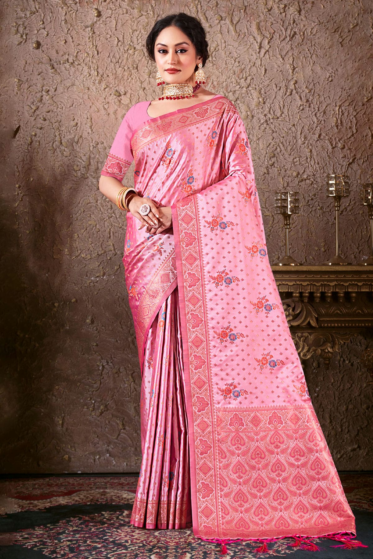 Pink Colour Woven Work Silk Saree