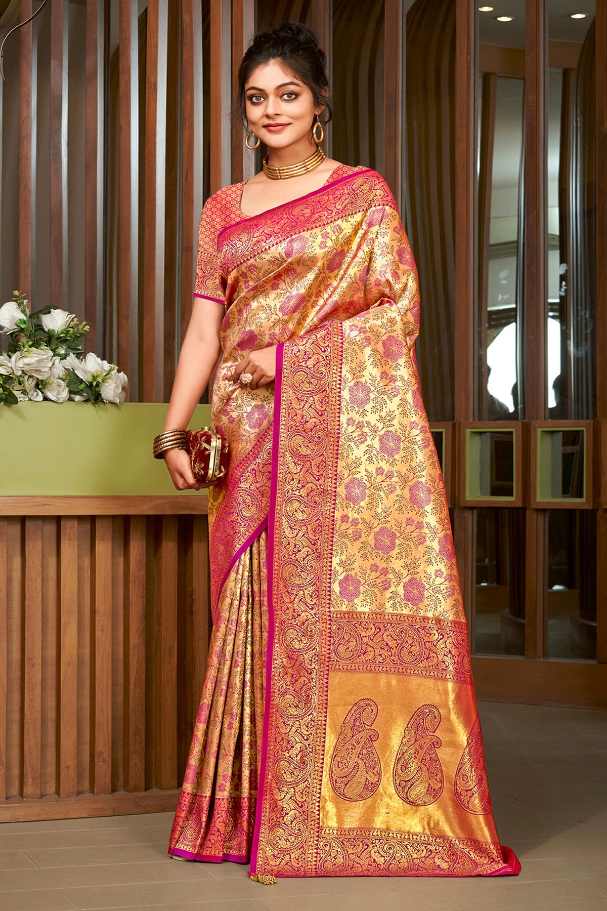 Pink Colour Woven Work Silk Saree