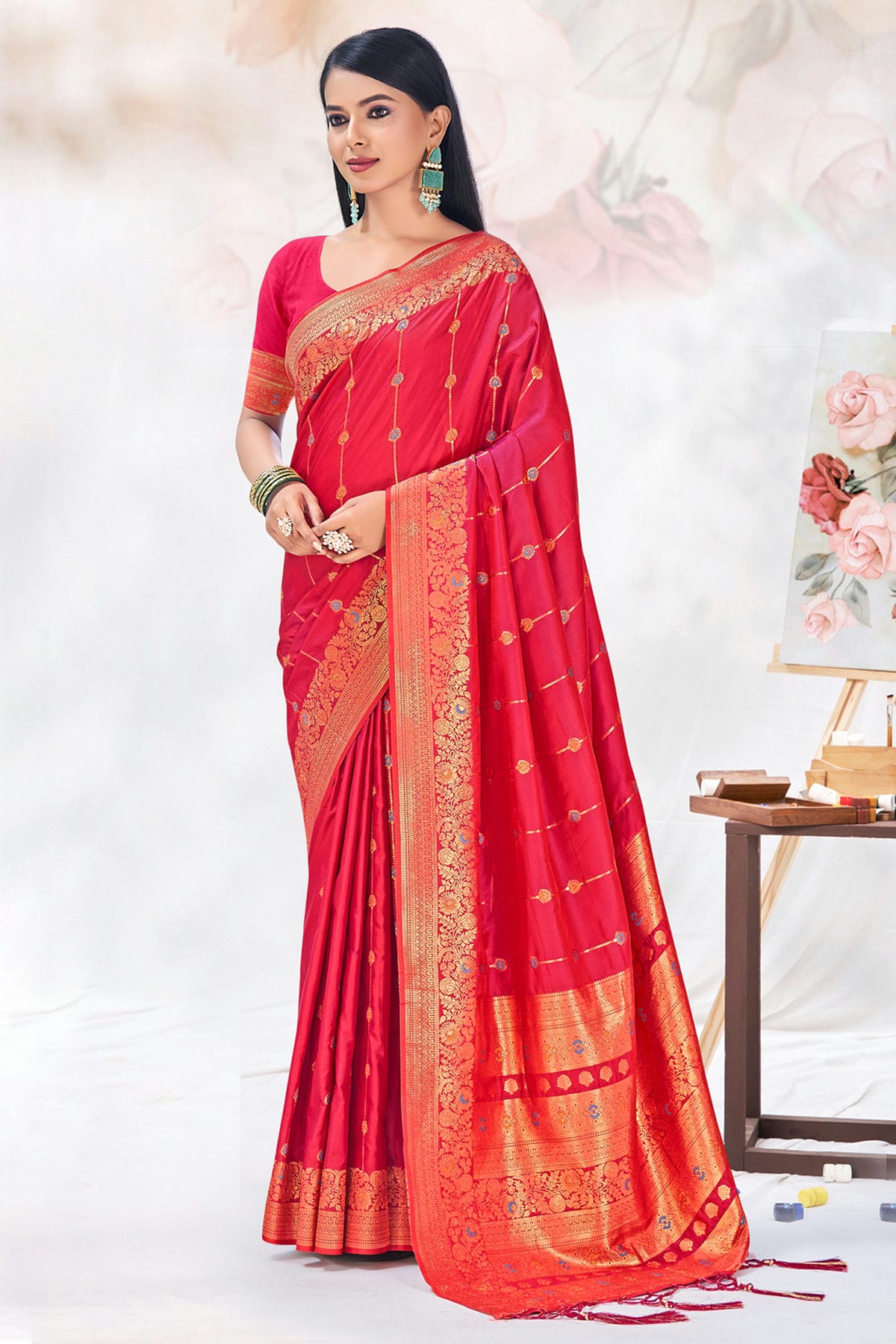 Pink Colour Woven Work Silk Saree