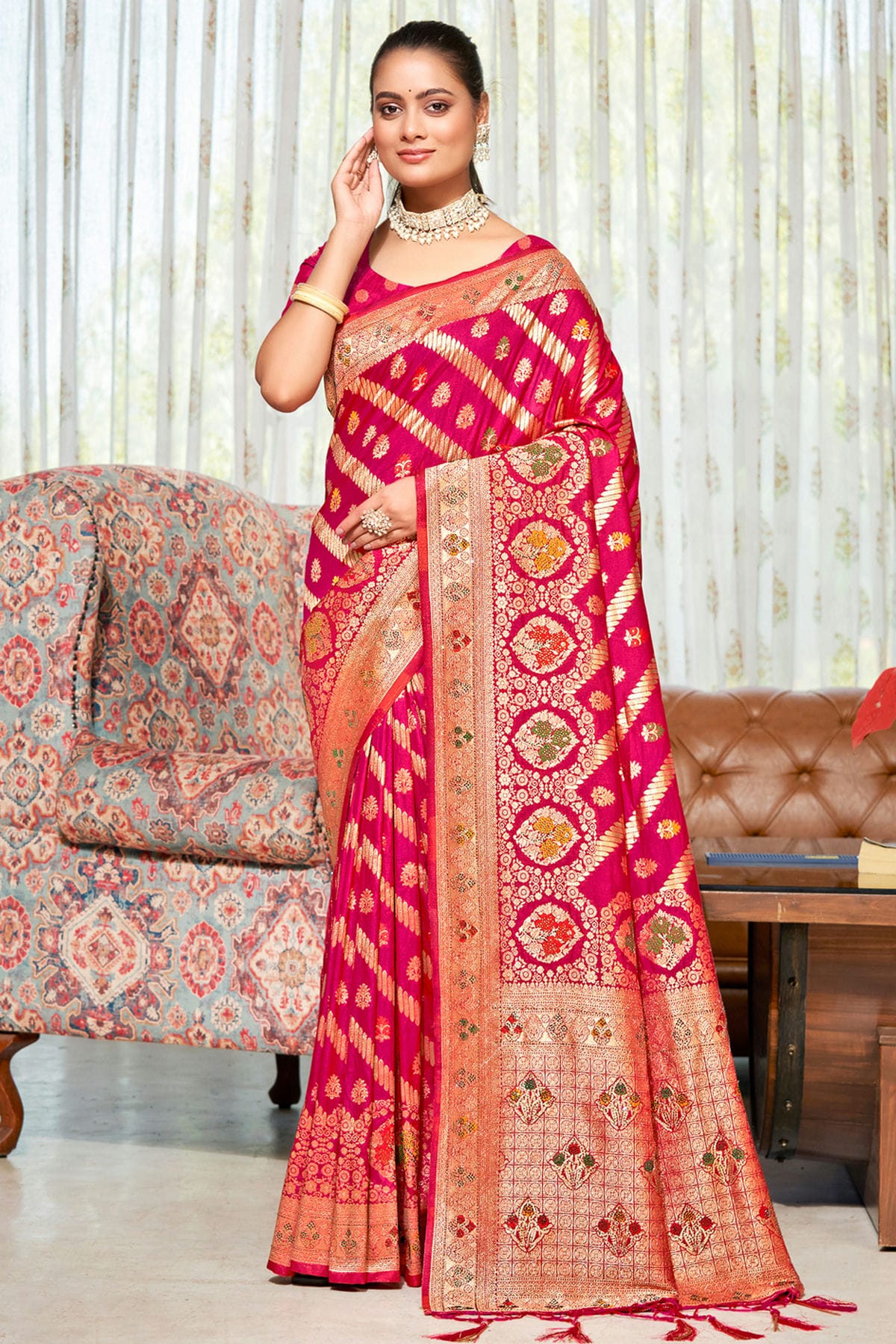 Pink Colour Woven Work Silk Saree