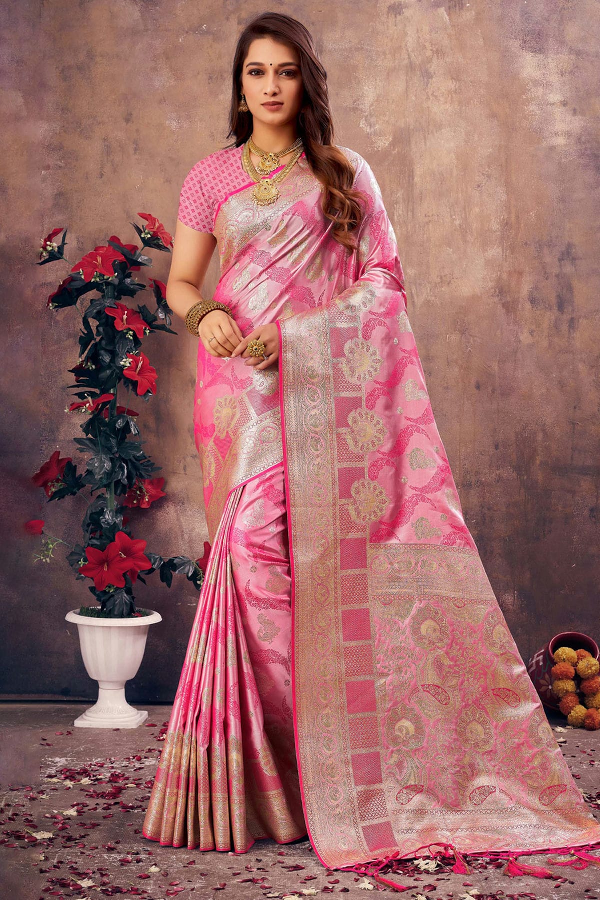 Pink Colour Woven Work South Silk Saree