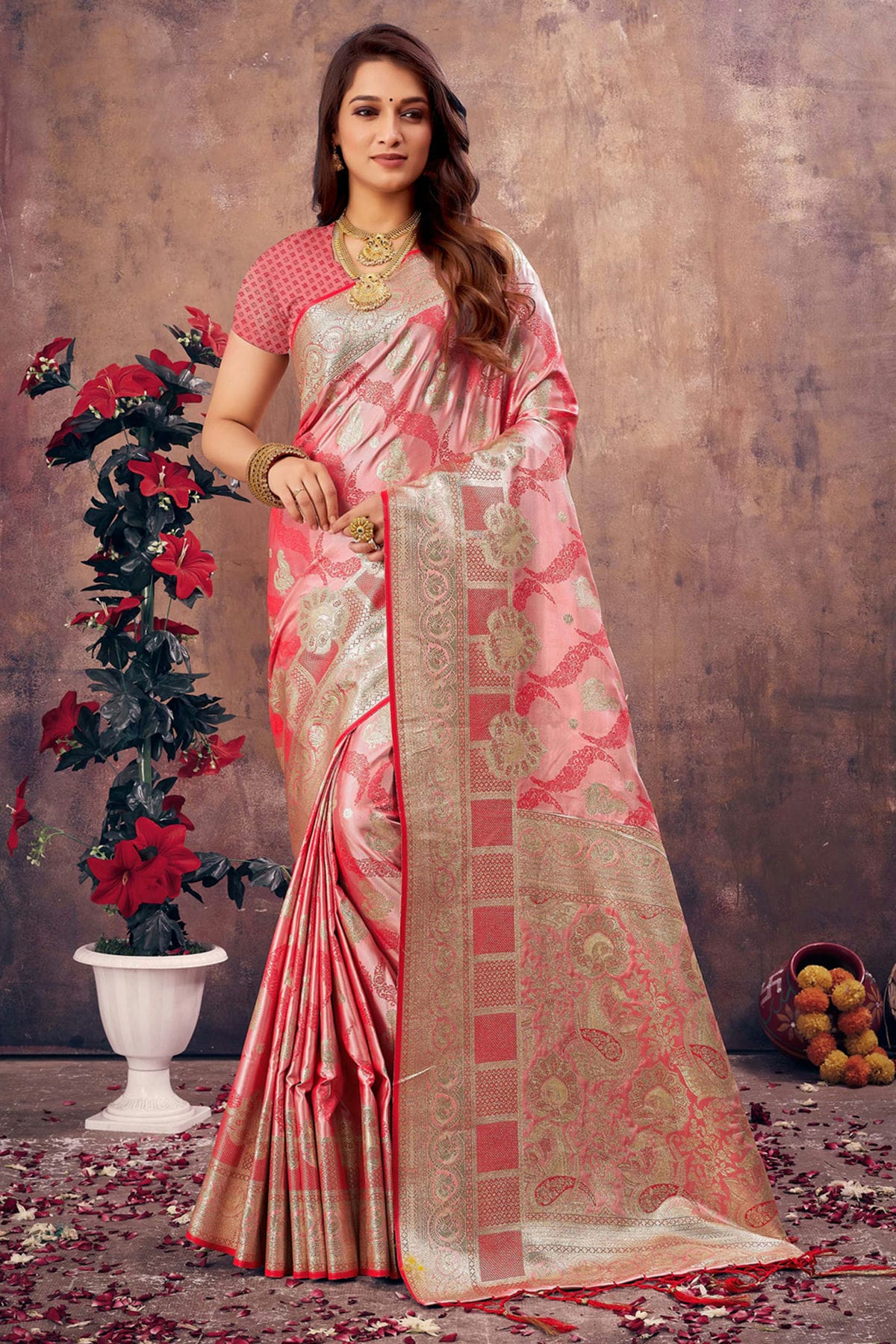 Pink Colour Woven Work South Silk Saree