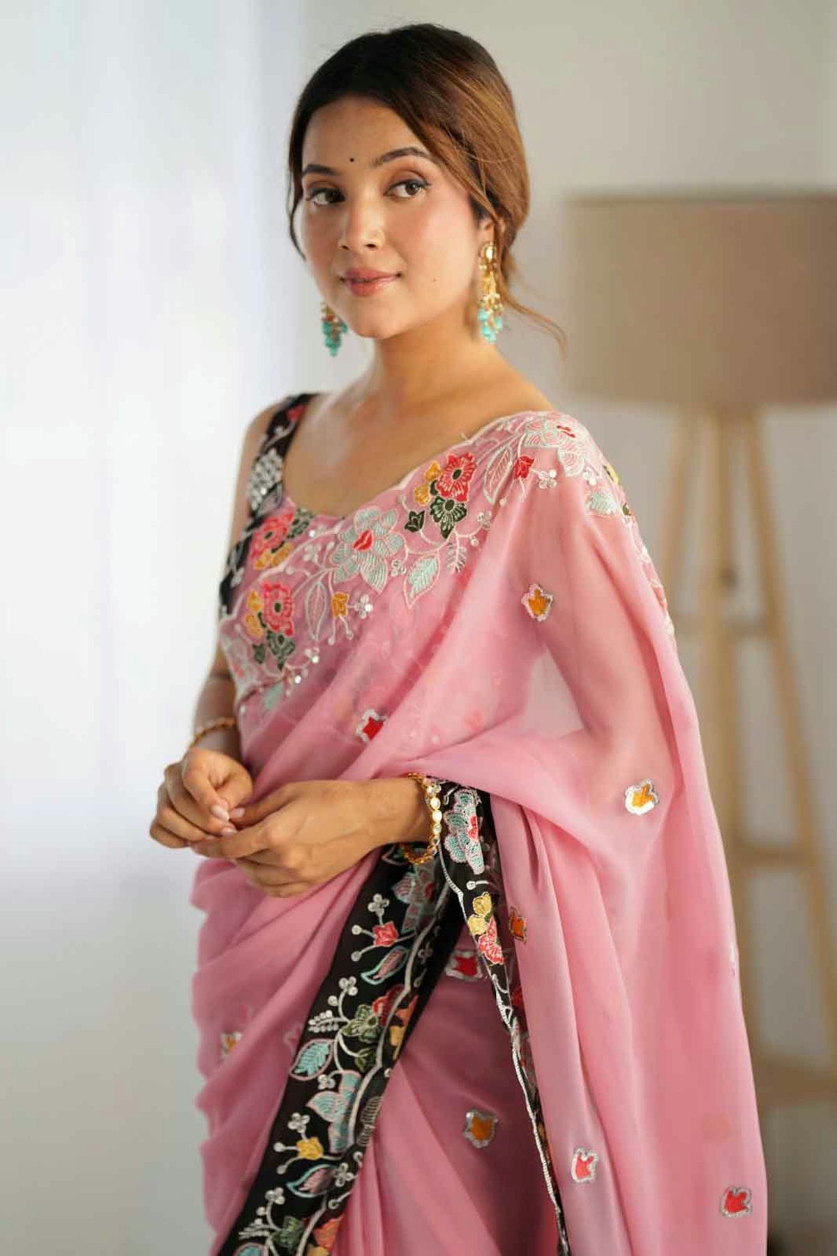 Pink and Black Colour Georgette Designer Saree