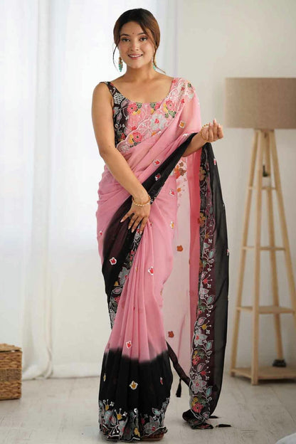 Pink and Black Colour Georgette Designer Saree