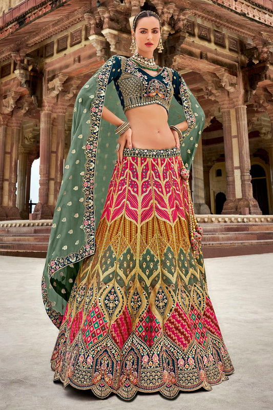 Pink and Blue Colour Banarasi Silk Bridal Lehenga Choli