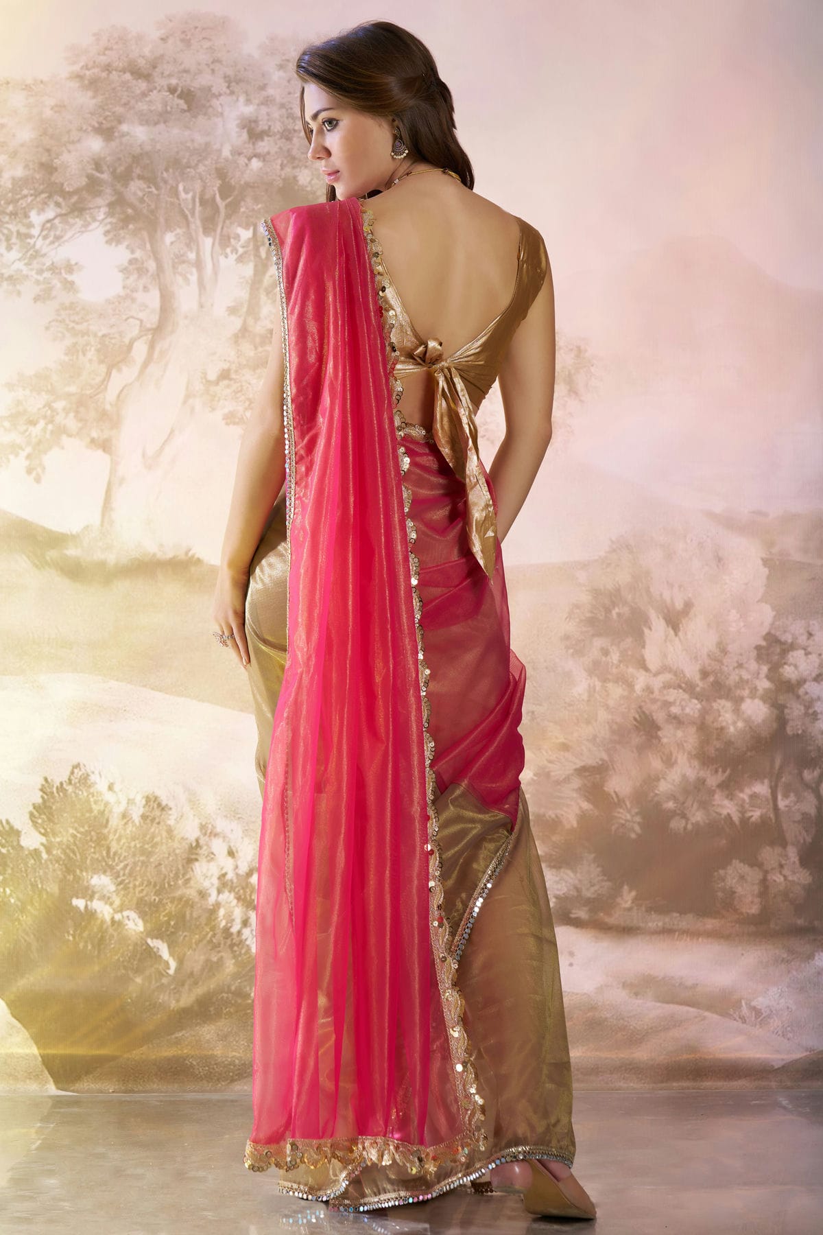 Pink and Gold Colour Twill Net Saree VSSD1112737