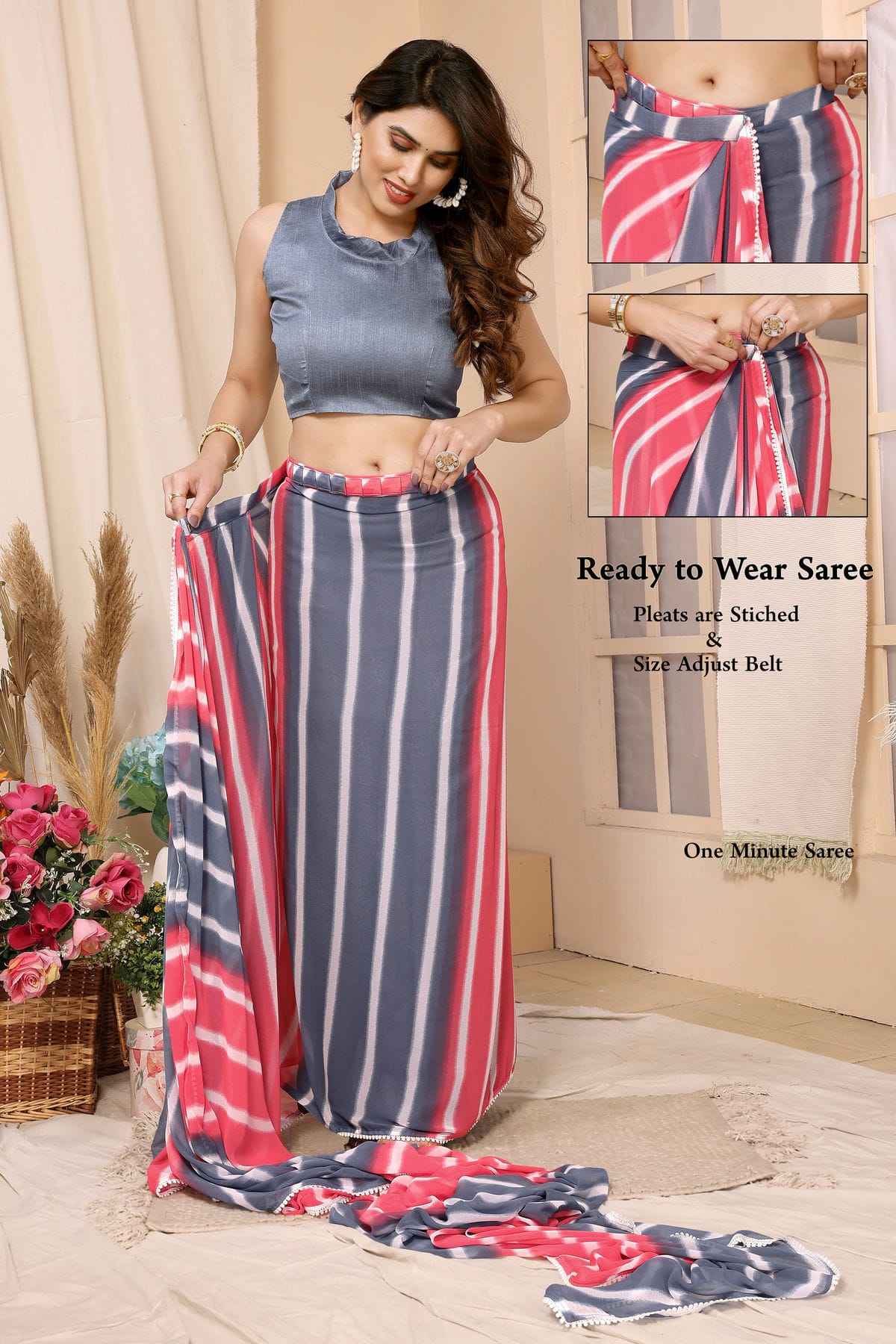 Pink and Grey Colour Georgette Ready To Wear Saree