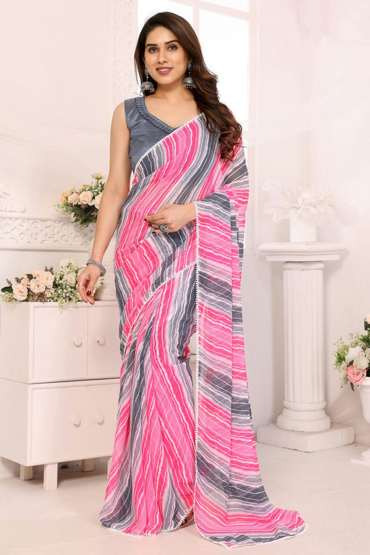 Pink and Grey Colour Georgette Ready To Wear Saree