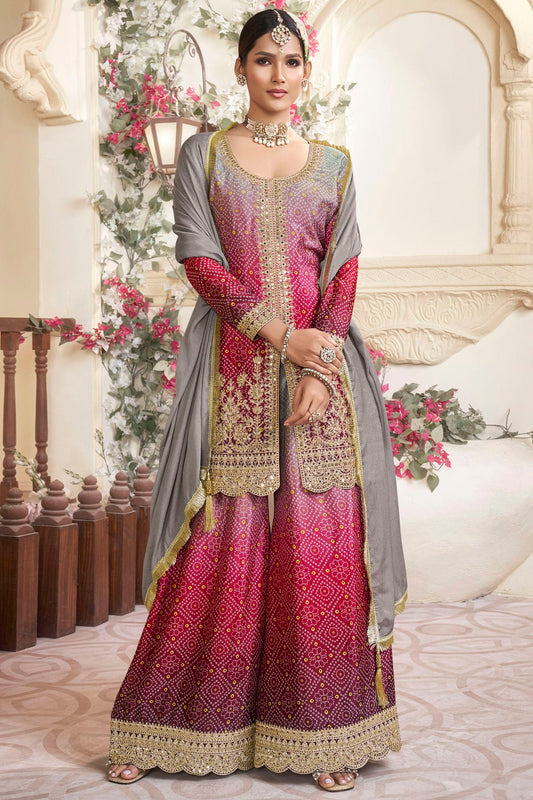 Pink and Grey Colour Semi Stitched Chinon Silk Palazzo Pant Suit VSSM1140693