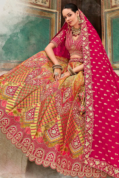 Pink and Light Green Colour Banarasi Silk Bridal Lehenga Choli