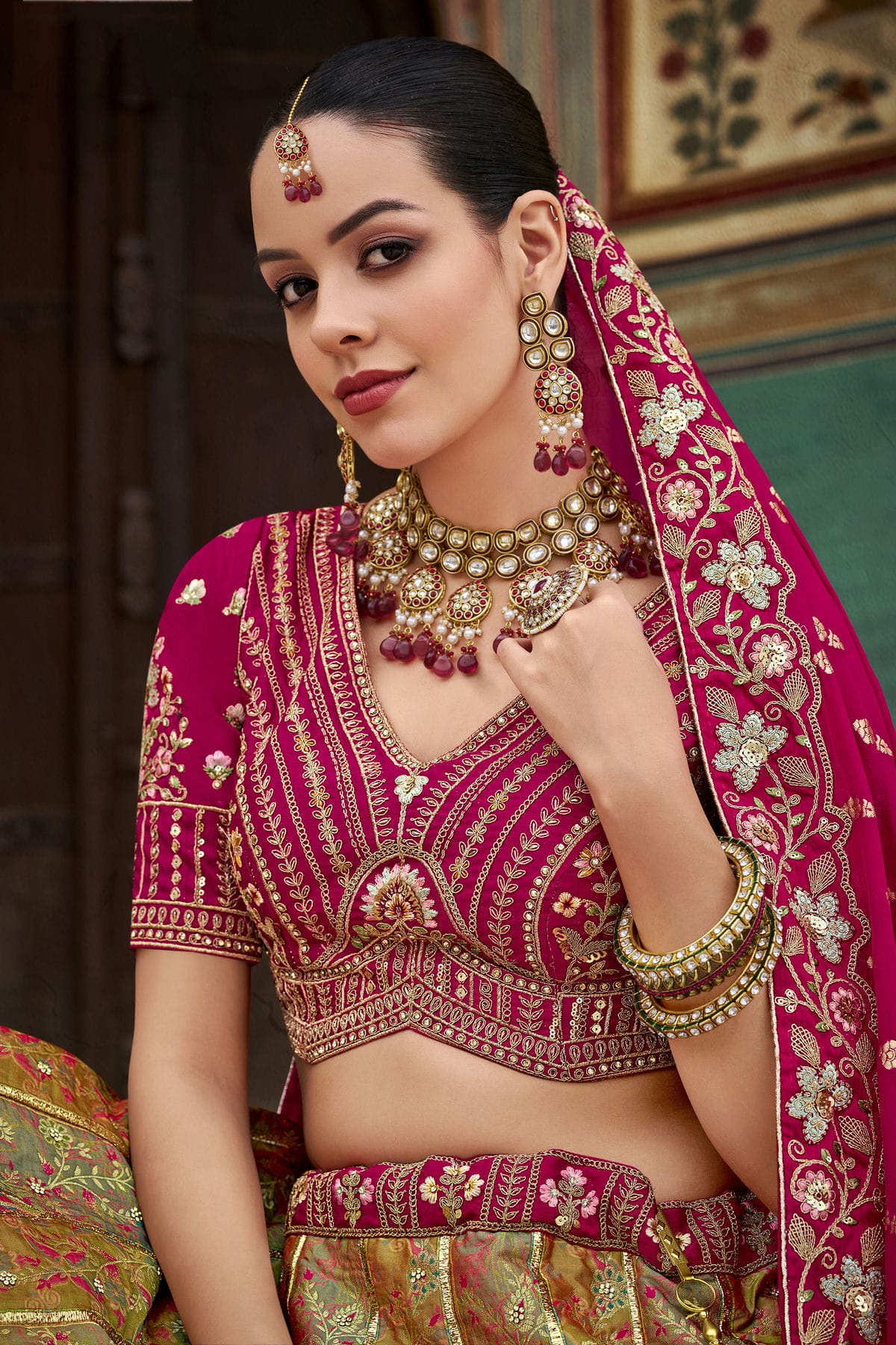 Pink and Light Green Colour Banarasi Silk Bridal Lehenga Choli