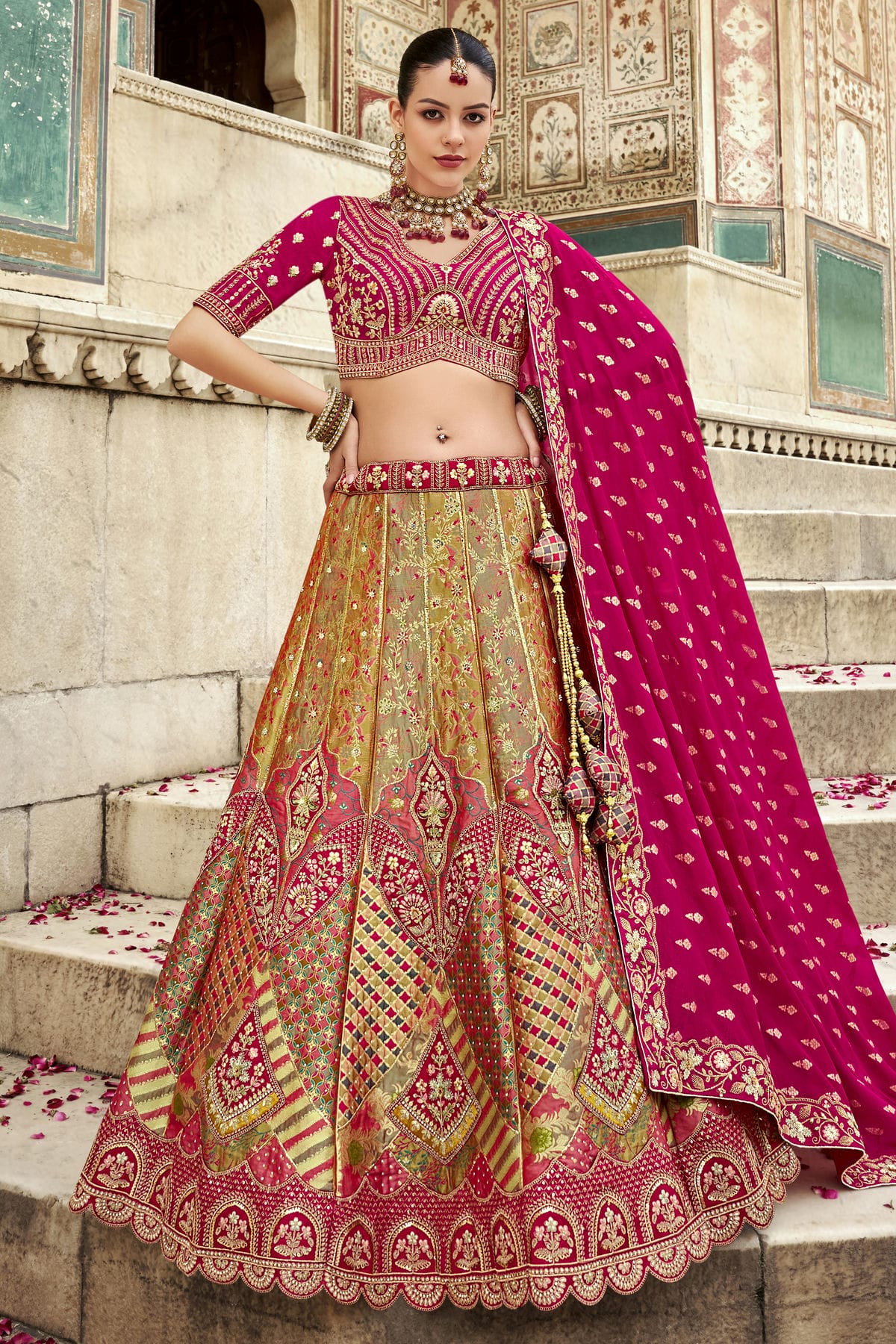 Pink and Light Green Colour Banarasi Silk Bridal Lehenga Choli