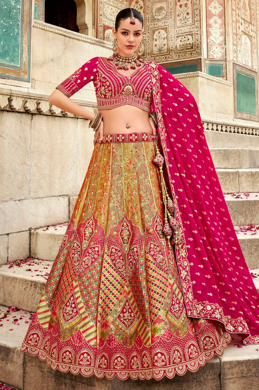 Pink and Light Green Colour Banarasi Silk Bridal Lehenga Choli