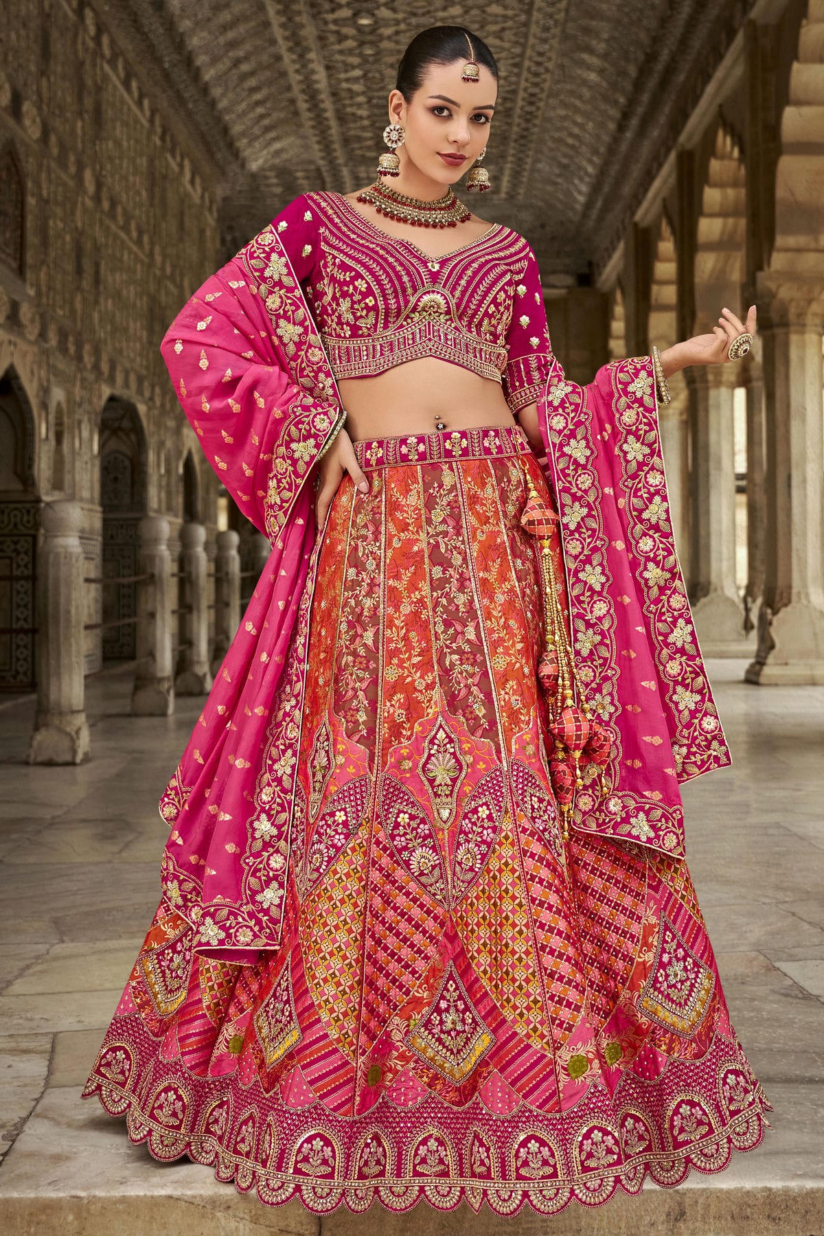 Pink and Orange Colour Banarasi Silk Bridal Lehenga Choli