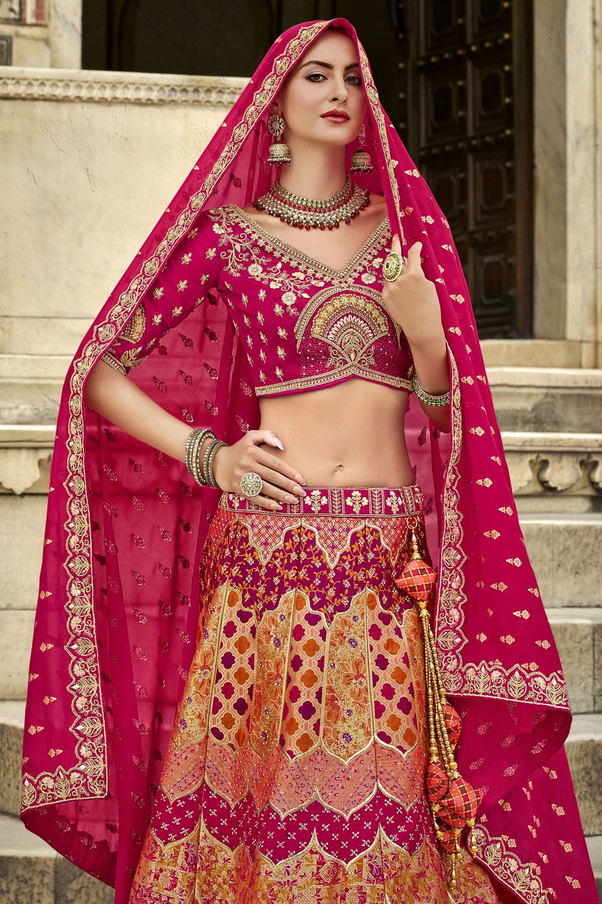 Pink and Orange Colour Banarasi Silk Bridal Lehenga Choli