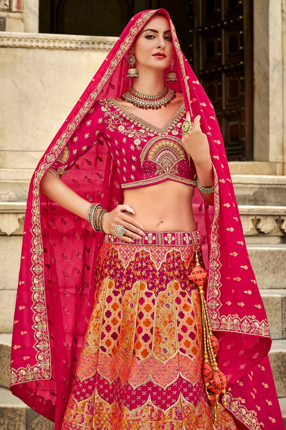 Pink and Orange Colour Banarasi Silk Bridal Lehenga Choli