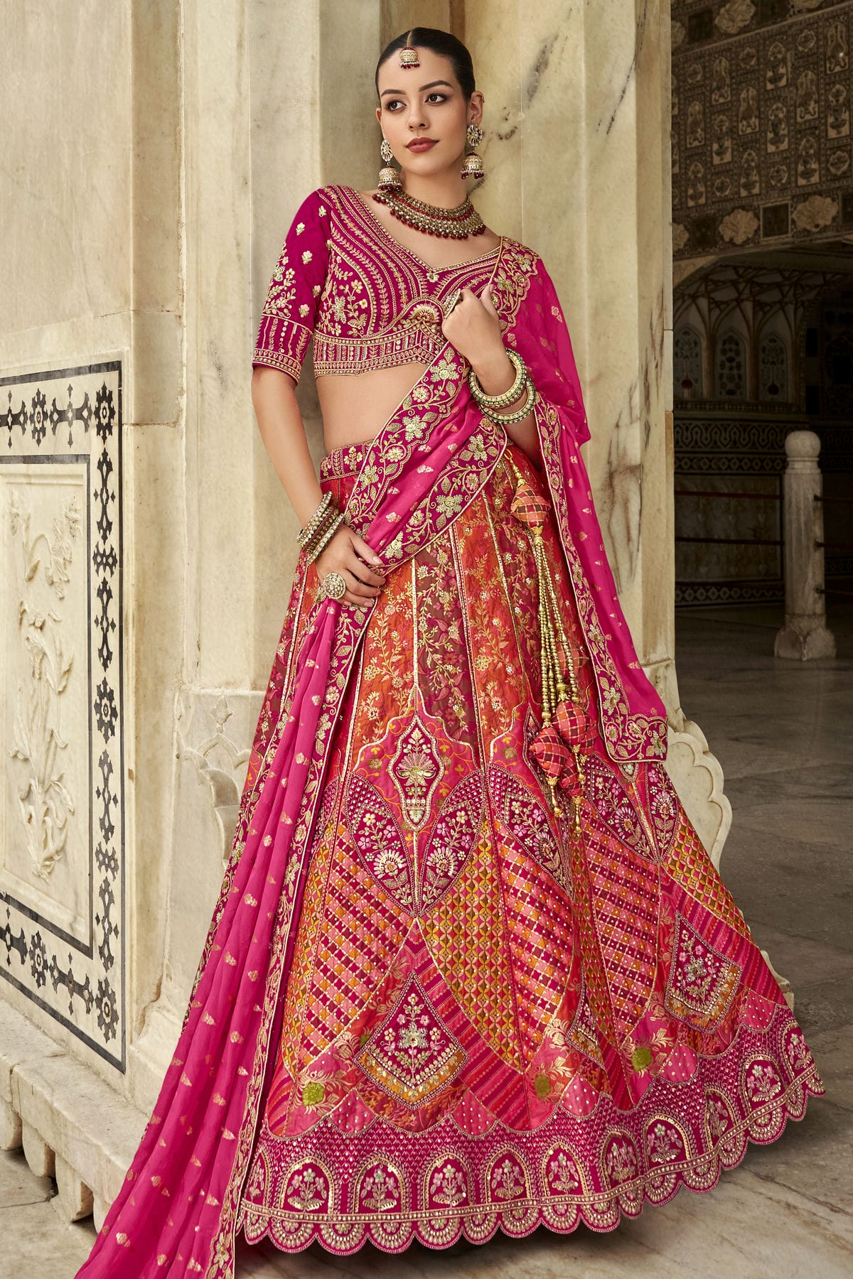 Pink and Orange Colour Banarasi Silk Bridal Lehenga Choli