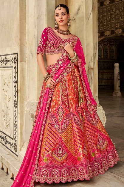 Pink and Orange Colour Banarasi Silk Bridal Lehenga Choli