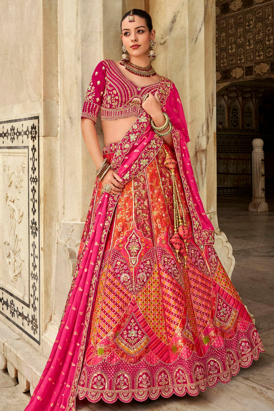 Pink and Orange Colour Banarasi Silk Bridal Lehenga Choli