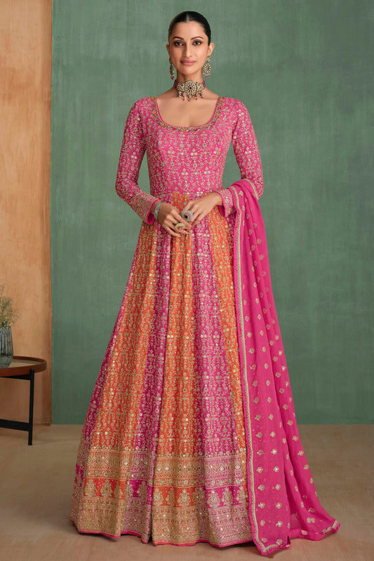 Pink and Orange Colour Georgette Gown