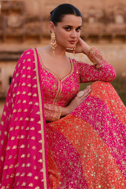 Pink and Orange Colour Gerogette Semi Stitched Anarkali Suit