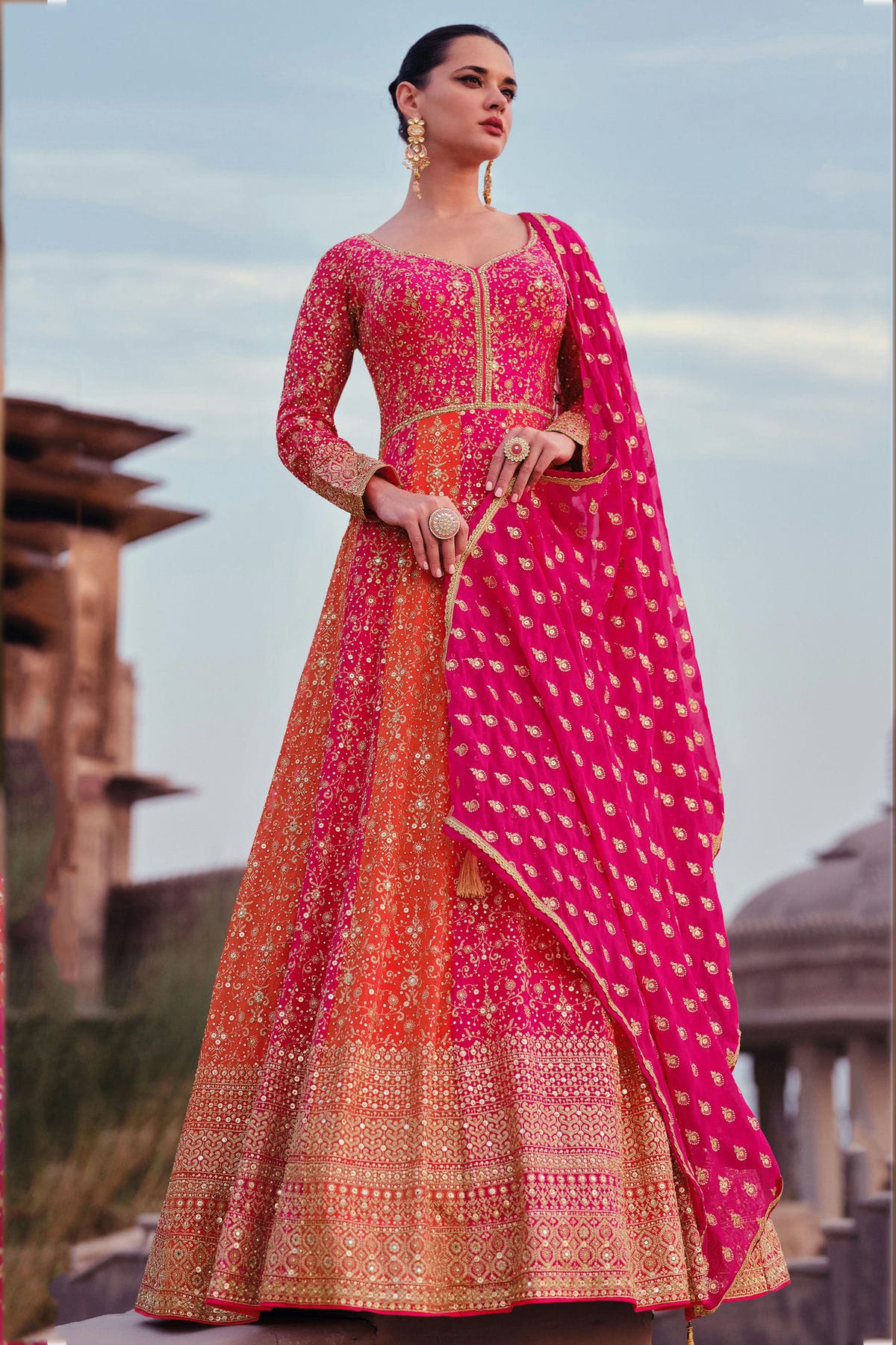 Pink and Orange Colour Gerogette Semi Stitched Anarkali Suit