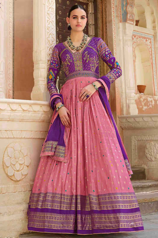 Pink and Purple Colour Smooth Silk Gown VSGW1140796