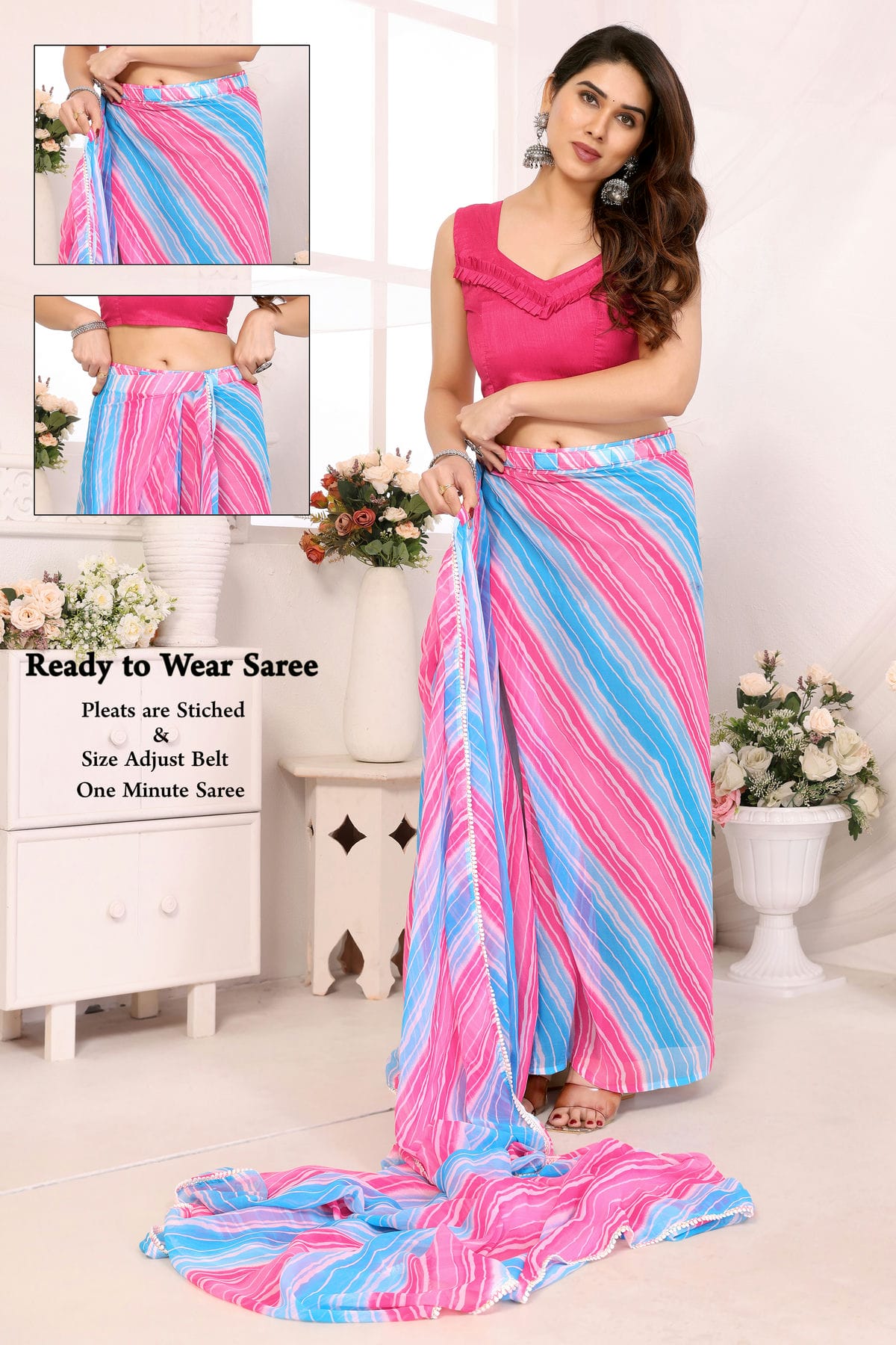 Pink and Sky Blue Colour Georgette Ready To Wear Saree