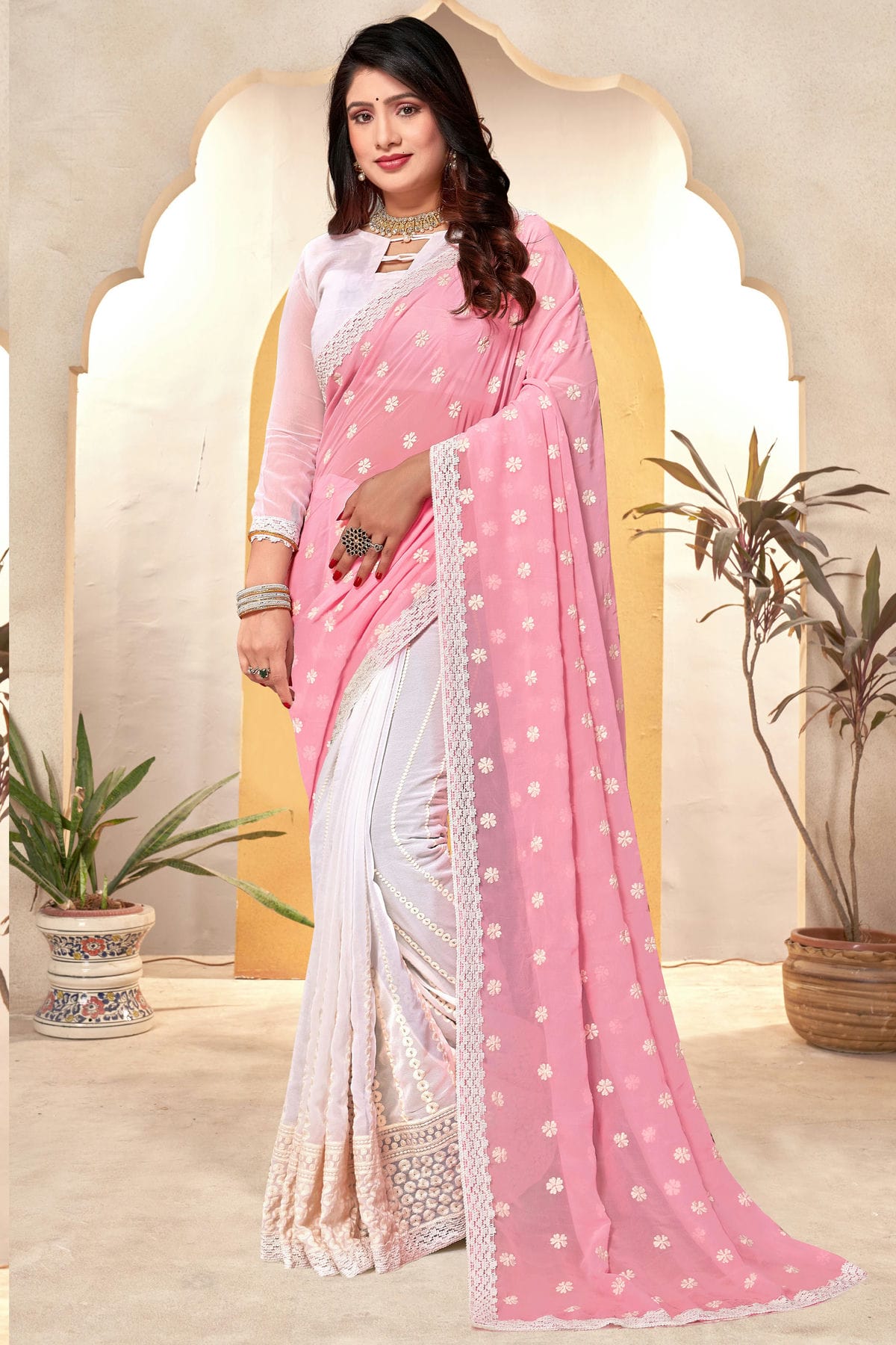 Pink and White Colour Georgette Half N Half Saree