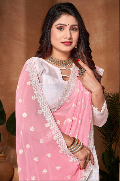 Pink and White Colour Georgette Half N Half Saree