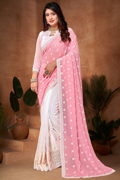 Pink and White Colour Georgette Half N Half Saree