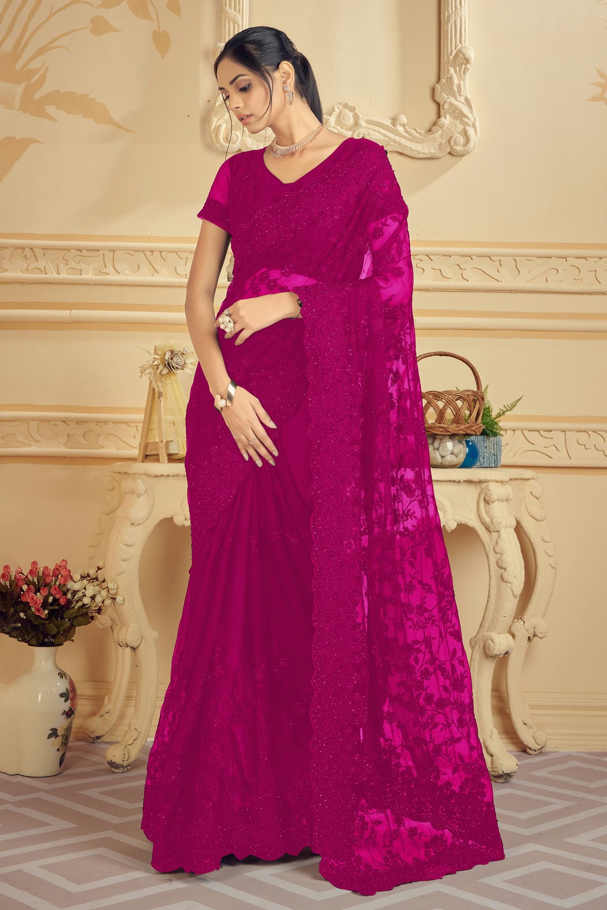 Pink Colour Net Saree