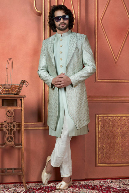 Pista Green Colour Art Silk Indowestern Sherwani With Aligadhi Pant VSSH1230089