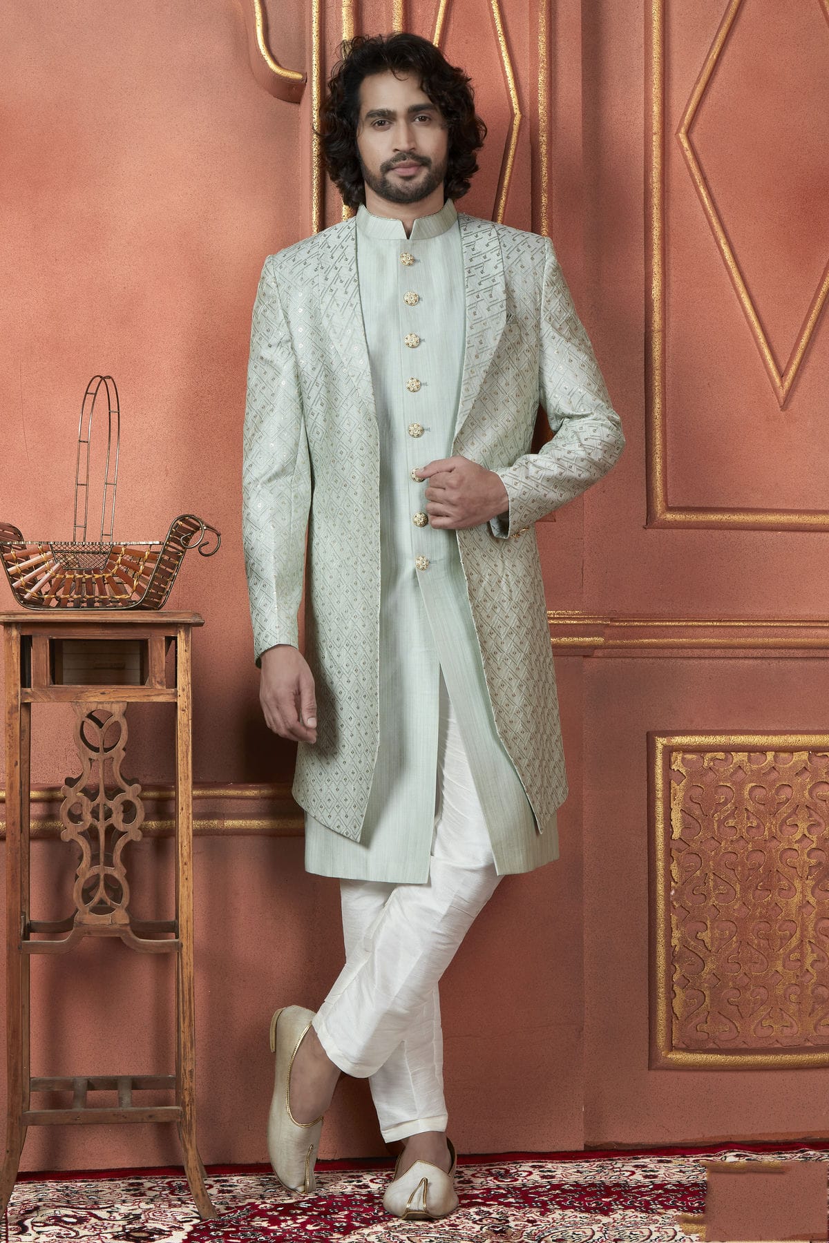 Pista Green Colour Art Silk Indowestern Sherwani With Aligadhi Pant