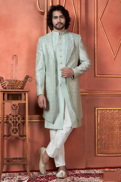 Pista Green Colour Art Silk Indowestern Sherwani With Aligadhi Pant