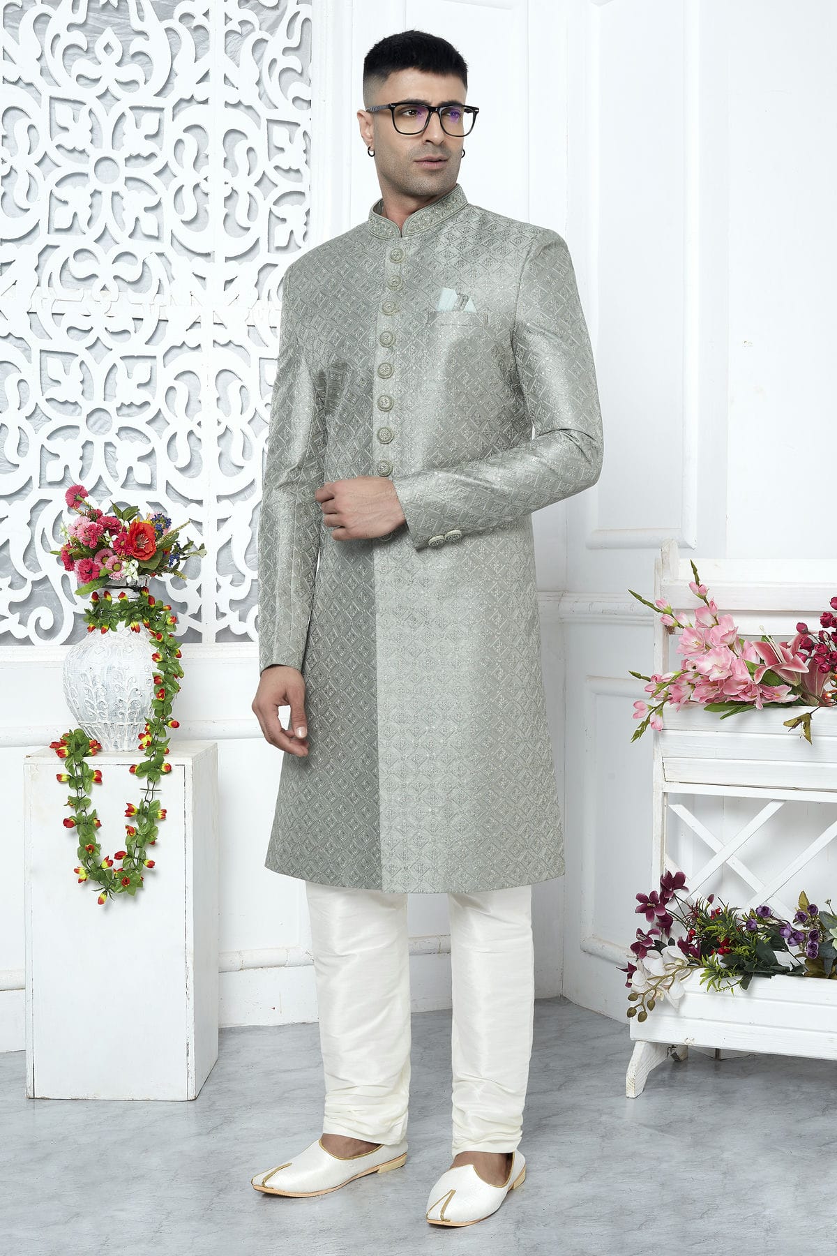 Pista Green Colour Art Silk Sherwani With Churidar Pant VSSH1230066