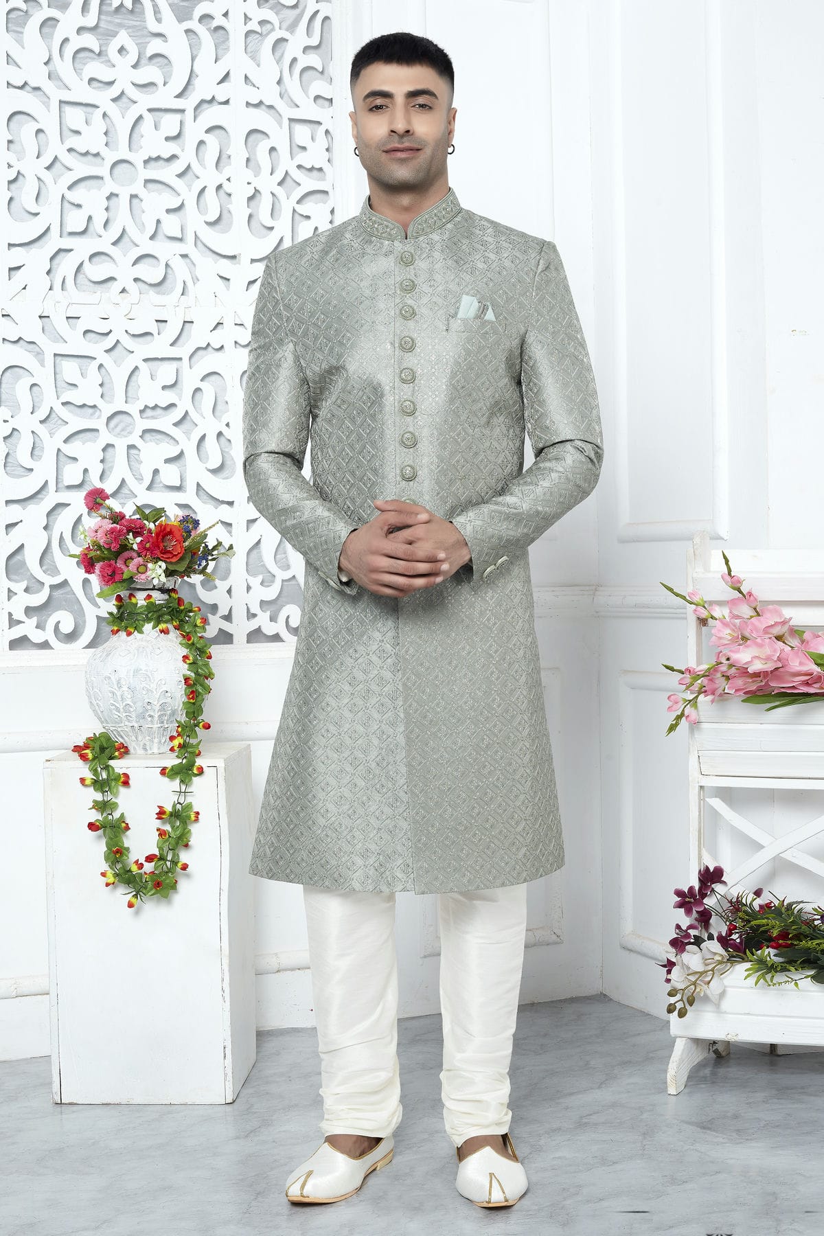 Pista Green Colour Art Silk Sherwani With Churidar Pant