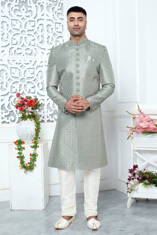 Pista Green Colour Art Silk Sherwani With Churidar Pant