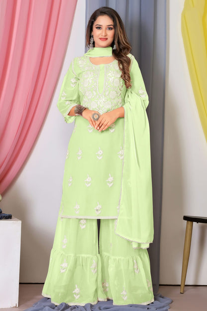 Pista Green Colour Bamber Georgette Sharara Suit