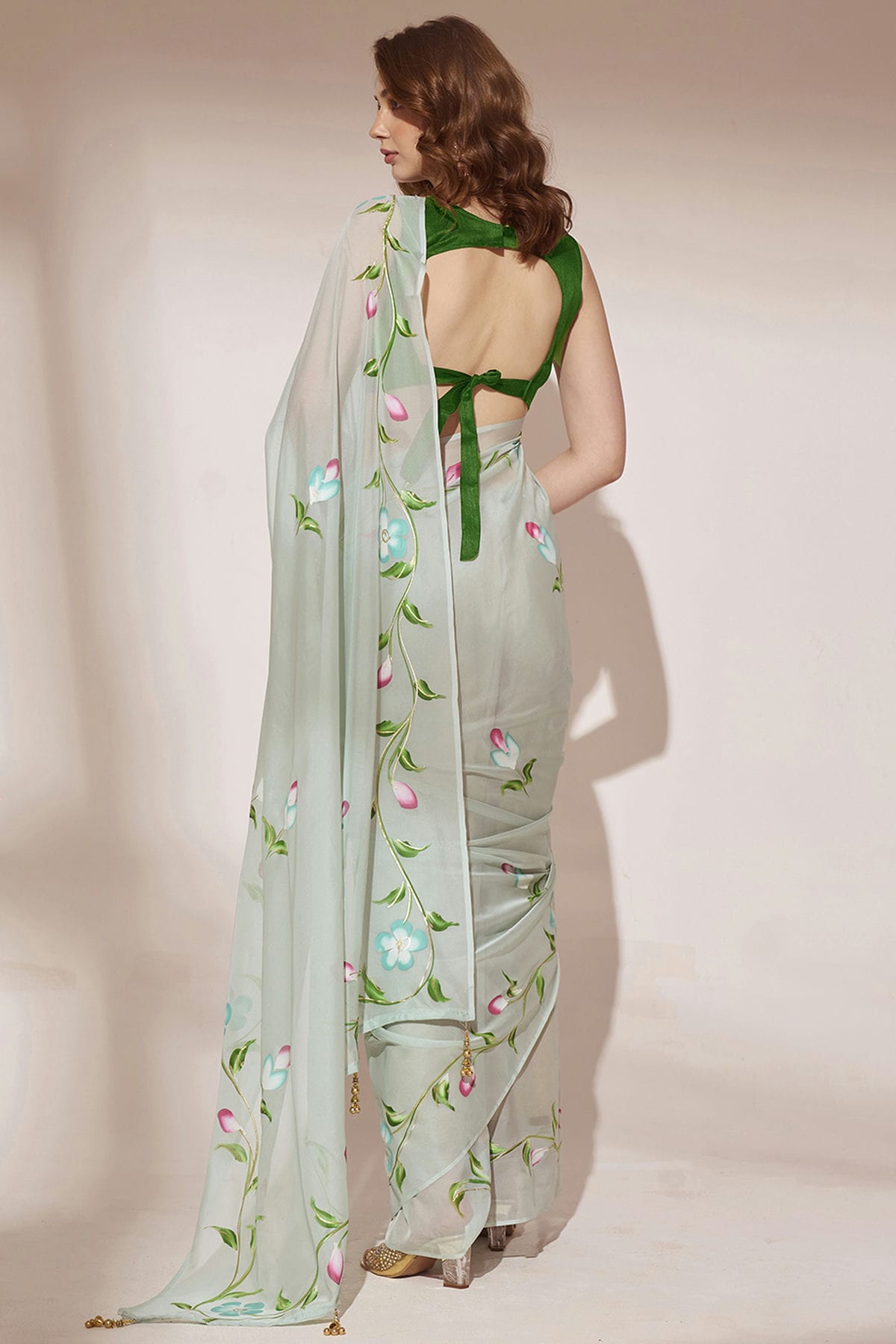 Pista Green Colour Blooming Organza Saree