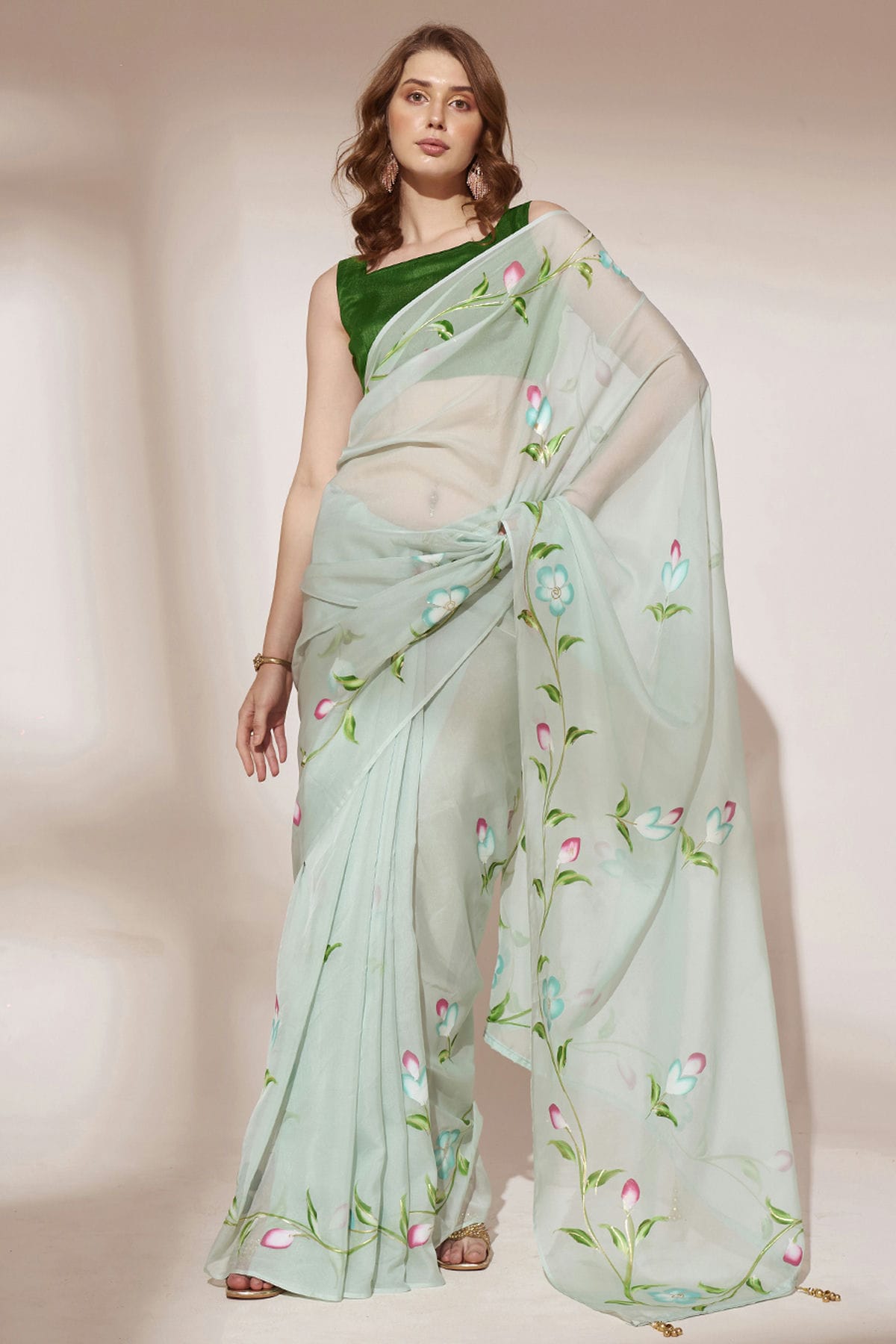 Pista Green Colour Blooming Organza Saree