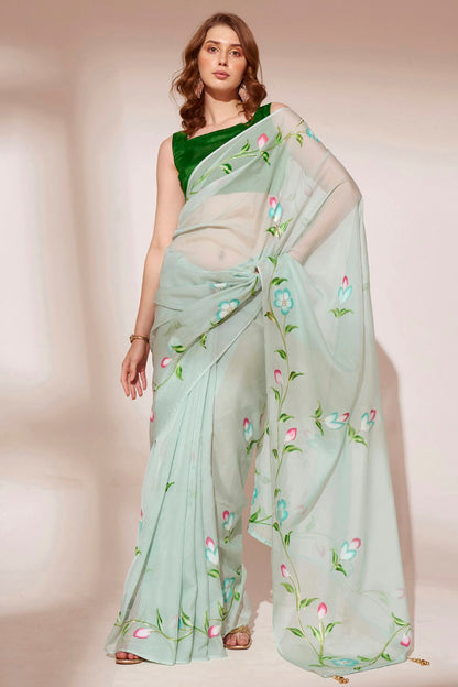 Pista Green Colour Blooming Organza Saree