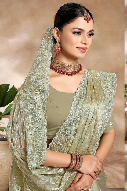 Pista Green Colour Burberry Silk Designer Saree