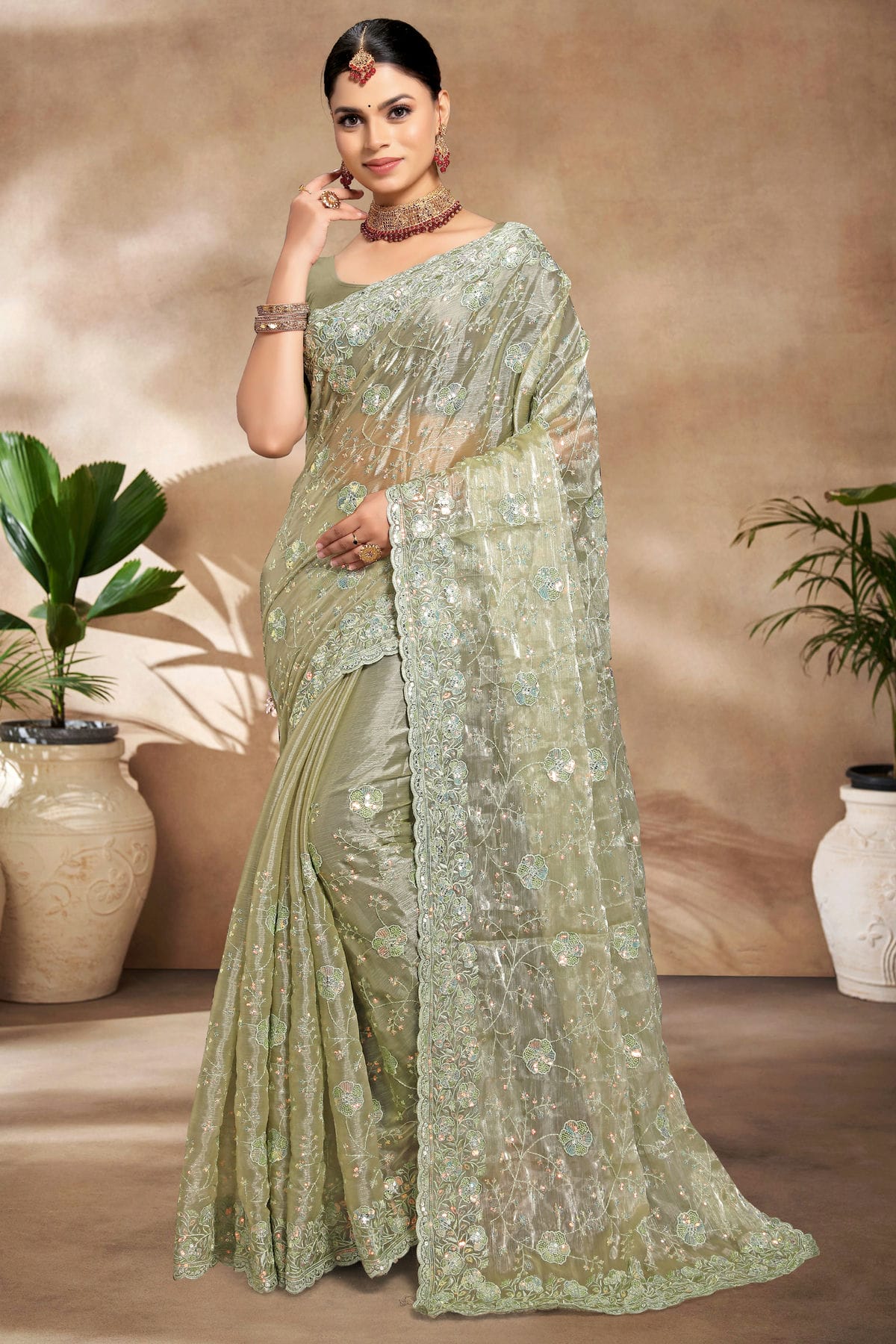 Pista Green Colour Burberry Silk Designer Saree