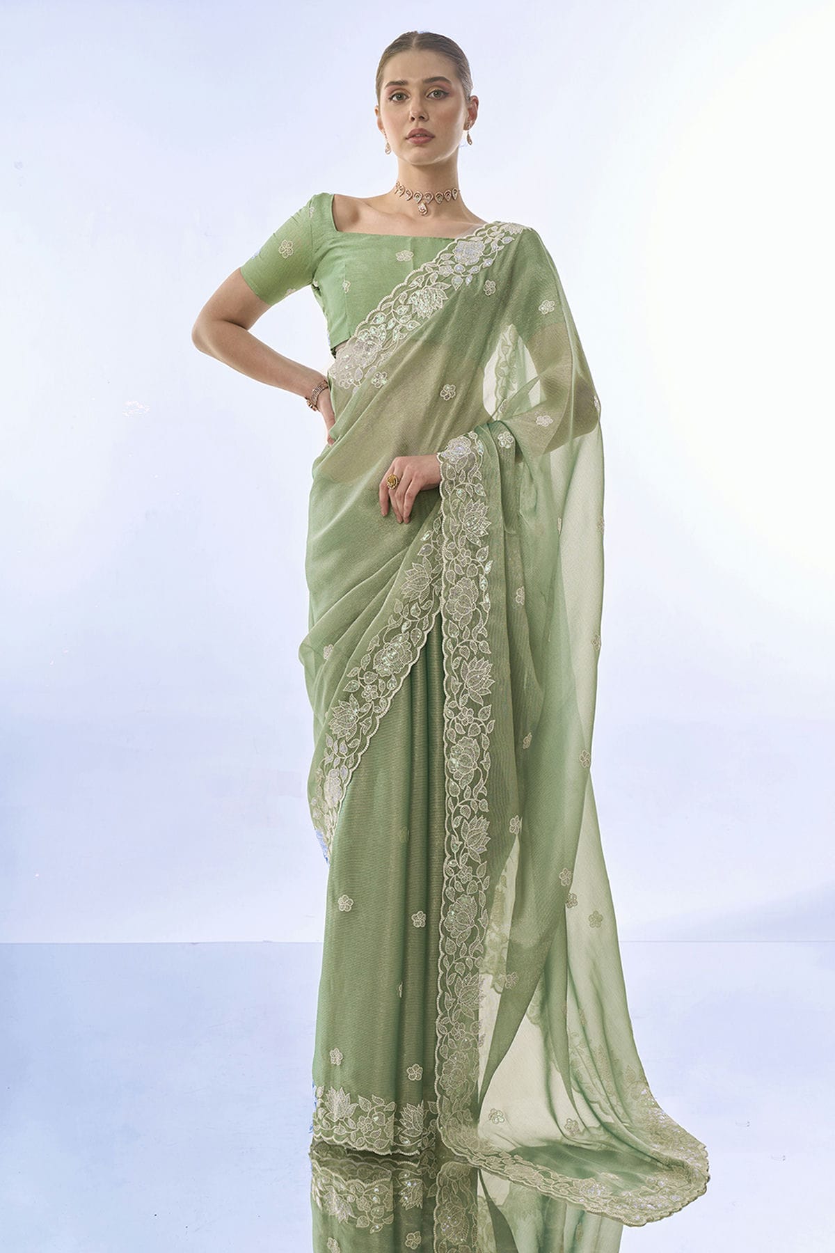 Pista Green Colour Burburry Saree