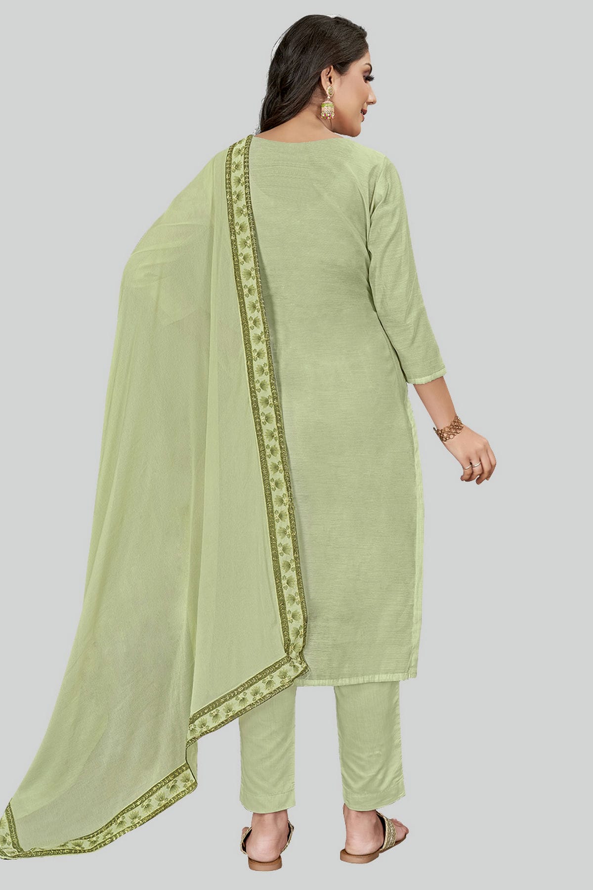 Pista Green Colour Chanderi Silk Pant Style Suit