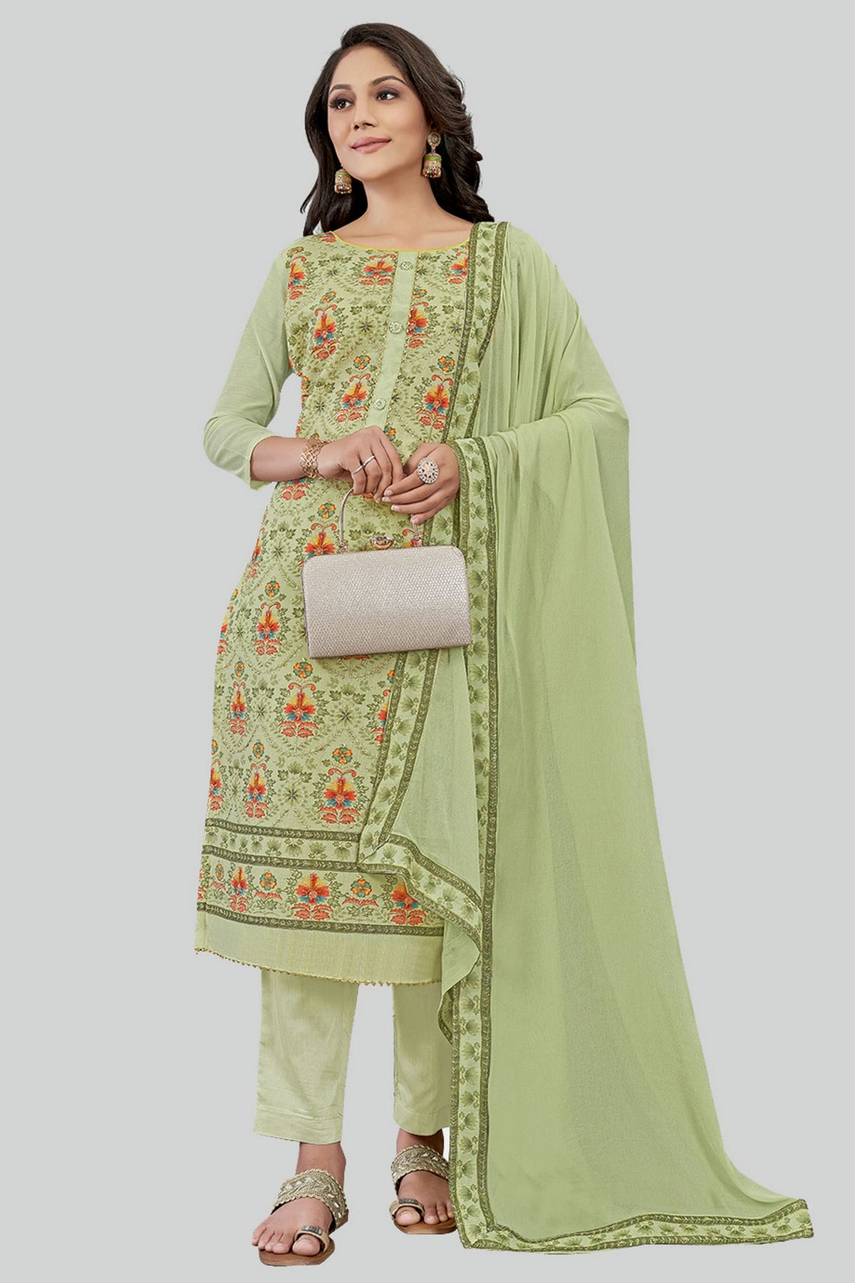 Pista Green Colour Chanderi Silk Pant Style Suit